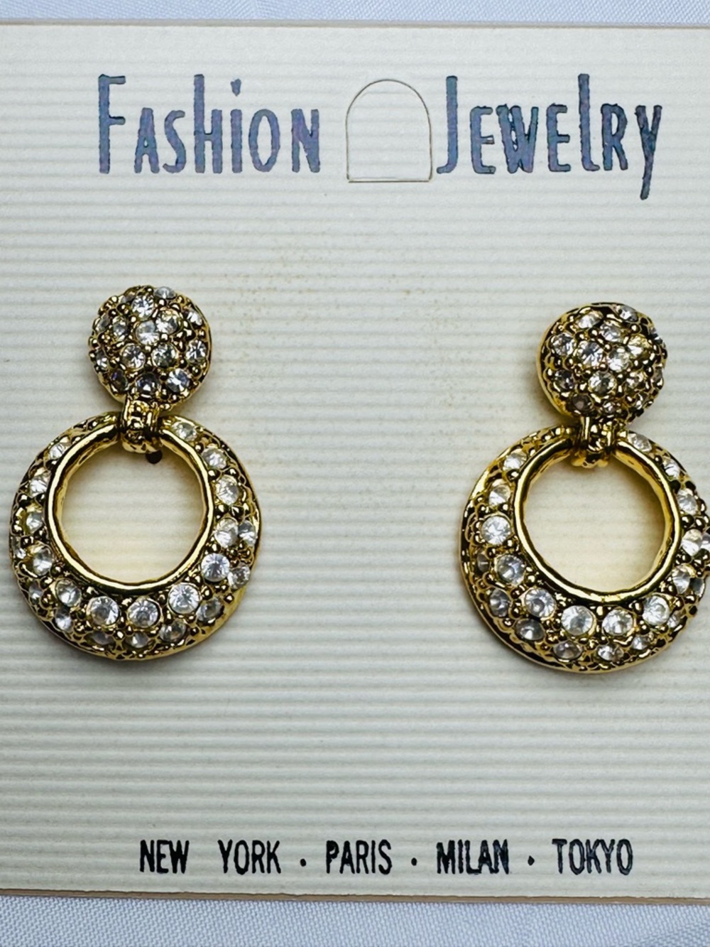 80s-90s DEAD-STOCK (Gold-plated) Gold Crystal Hoop Drop Earrings